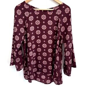 Paper Moon Blouse Women’s Large Burgundy Medallion Print L/S Top Back Zipper